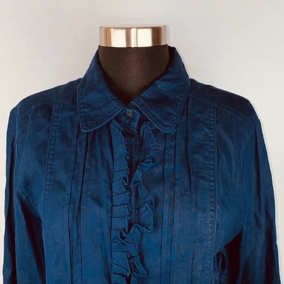 Carole Little Blue Linen Ruffle Neck Top L - Flaw - Picture 2 of 7